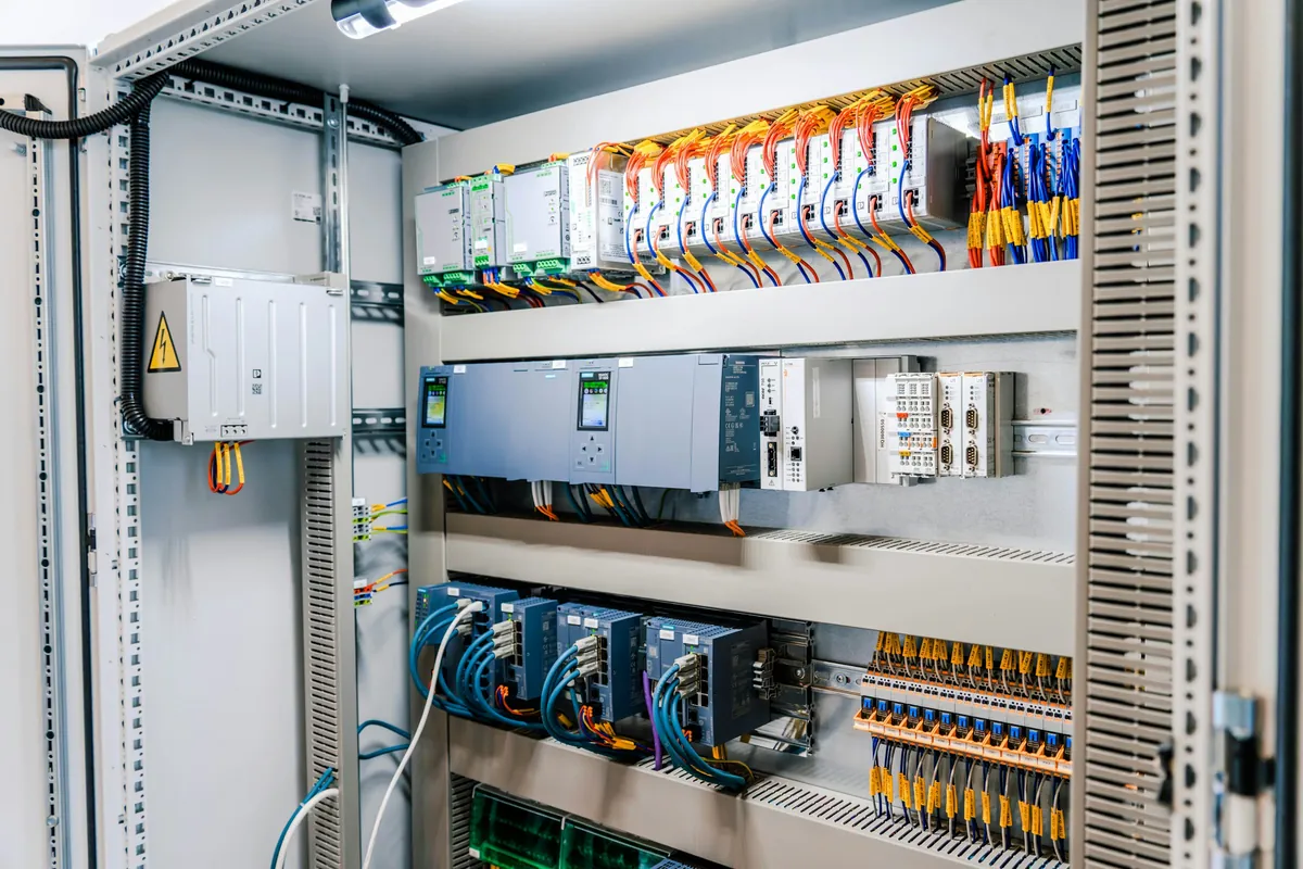 Tablero de control industrial con módulos y cableado